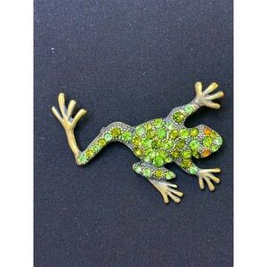 Vintage Multicolor Rhinestone Frog Brooch Pendant Green Orange Stones